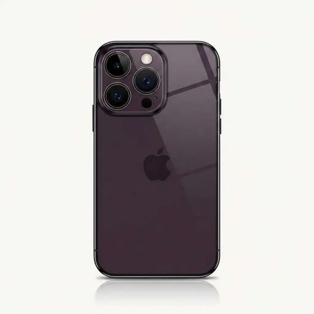 Apple iPhone in a dark purple transparent case with a slim profile and raised edges around the triple-camera cutout