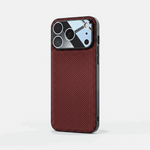 Apple iPhone case in dark red and black with a textured woven-check pattern, slim edges and raised camera opening