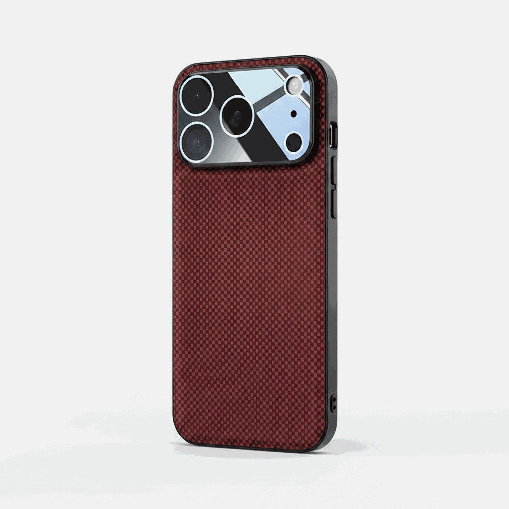 Apple iPhone case in dark red and black with a textured woven-check pattern, slim edges and raised camera opening