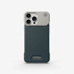 Apple iPhone case with a dark teal textured leather-like back, silver camera surround and small rectangular kickstand