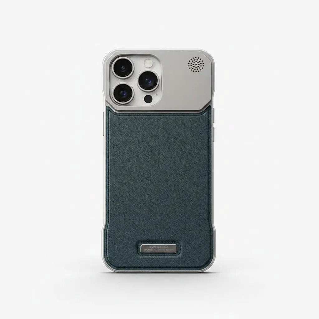 Apple iPhone case with a dark teal textured leather-like back, silver camera surround and small rectangular kickstand