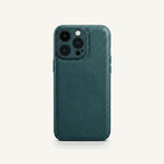 Apple iPhone case in dark teal textured leather with stitched edges and a raised multi-lens camera cutout
