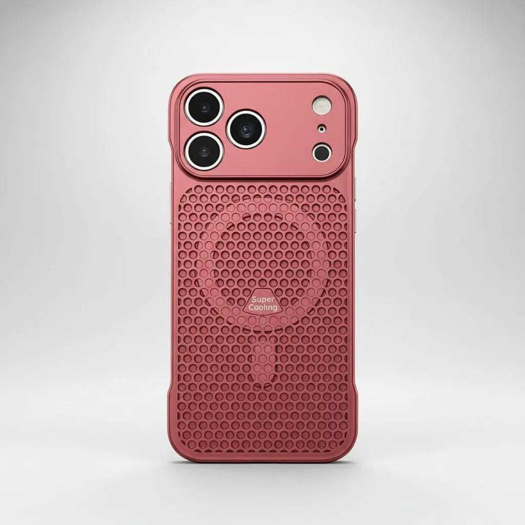 Apple iPhone case in dusty rose with a matte honeycomb-textured back, raised camera rim and central cooling badge