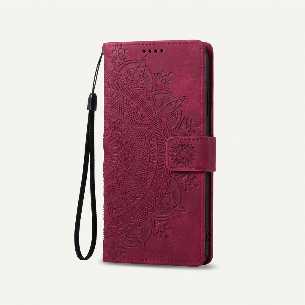 Apple iPhone wallet case in burgundy embossed leather with an ornate floral pattern, magnetic strap and wrist loop