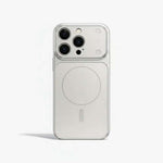 Apple iPhone case with a clear frosted back, pale matte edges, MagSafe ring and raised camera cutout