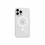 Apple iPhone case in frosted clear matte material with a white MagSafe ring and raised triple-camera cutout