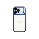 Apple iPhone - Frosted Shockproof Case with a clear frosted back, dark blue protective frame, and raised camera cutout