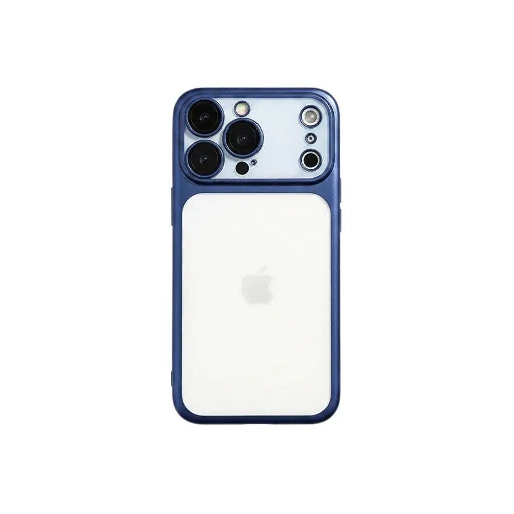 Apple iPhone - Frosted Shockproof Case with a clear frosted back, dark blue protective frame, and raised camera cutout