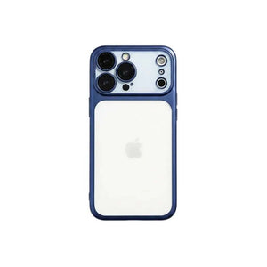 Apple iPhone - Frosted Shockproof Case with a clear frosted back, dark blue protective frame, and raised camera cutout