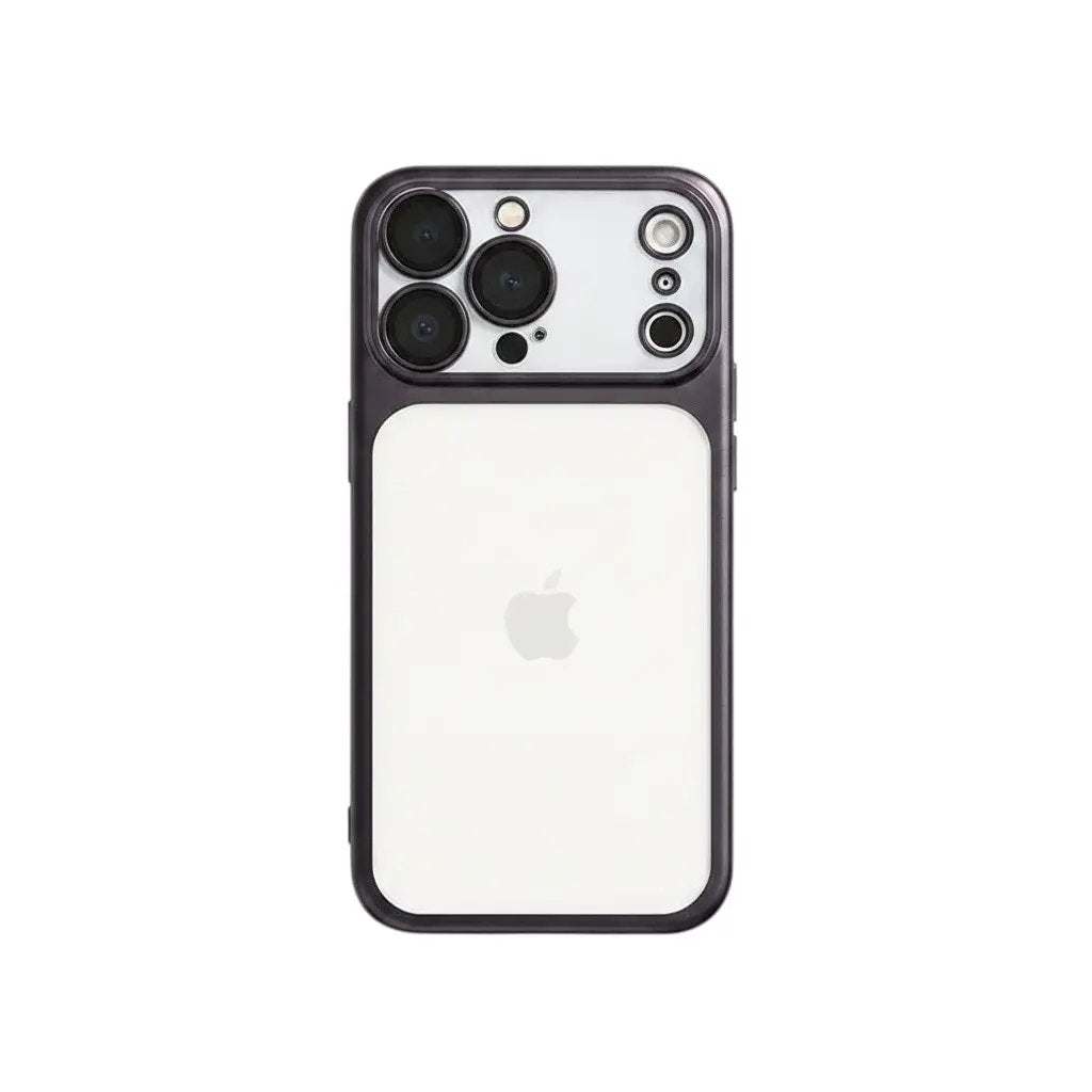 Apple iPhone - Frosted Shockproof Case with a clear frosted back, dark shock-absorbing edges, and a raised camera guard
