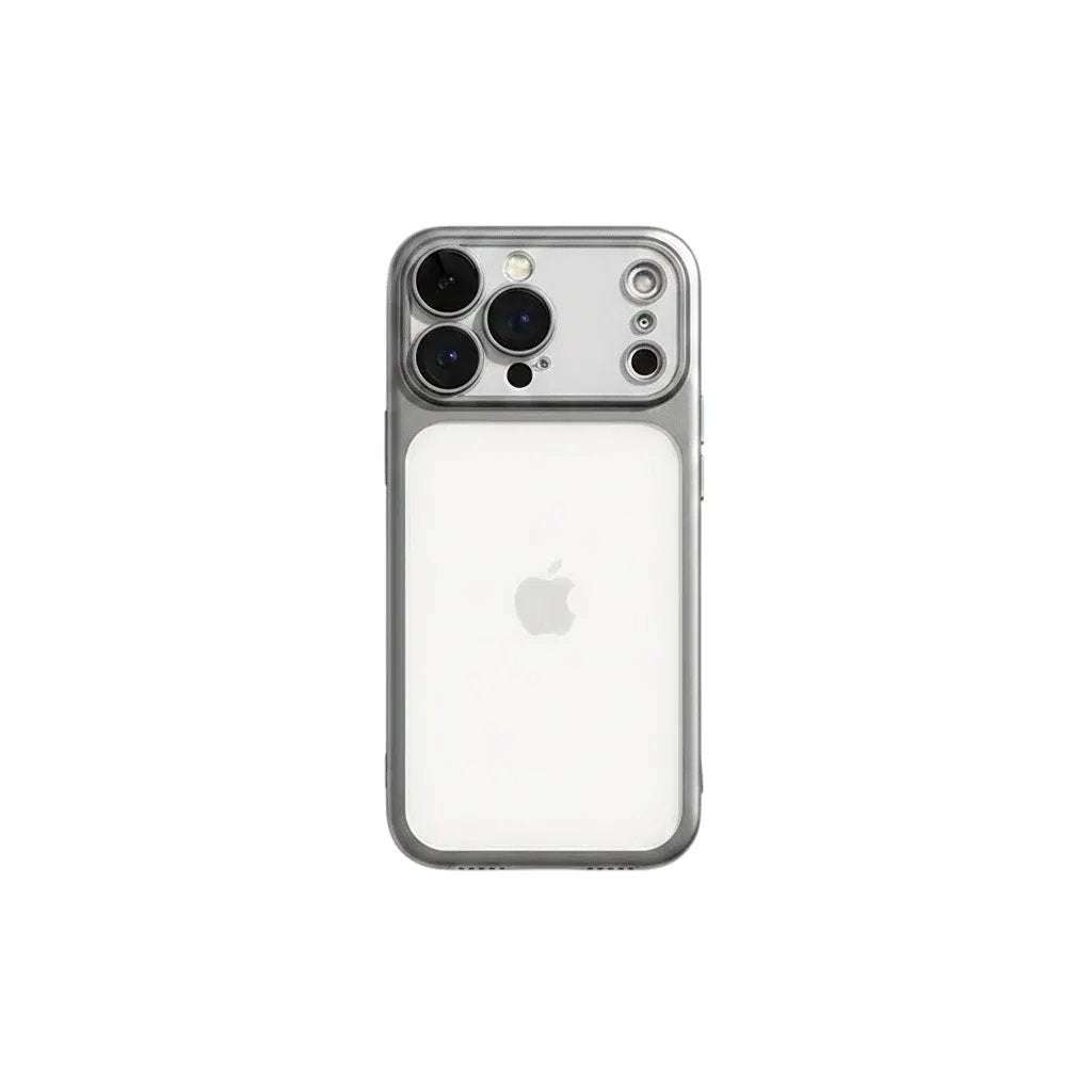 Apple iPhone - Frosted Shockproof Case with a clear frosted back, silver-gray protective edges, and raised camera guard