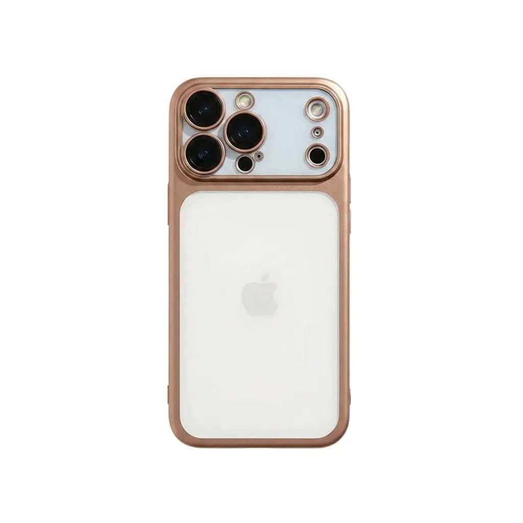 Apple iPhone - Frosted Shockproof Case with a clear frosted back and rose gold protective frame around the camera cutouts.