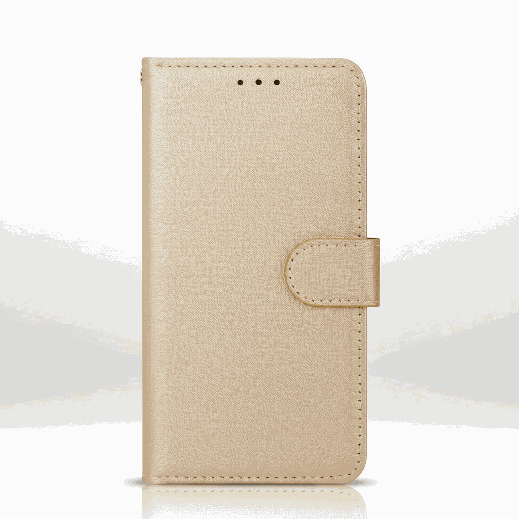 Apple iPhone - Genuine Leather flip case in textured gold with stitched edges, a front flap and magnetic closure