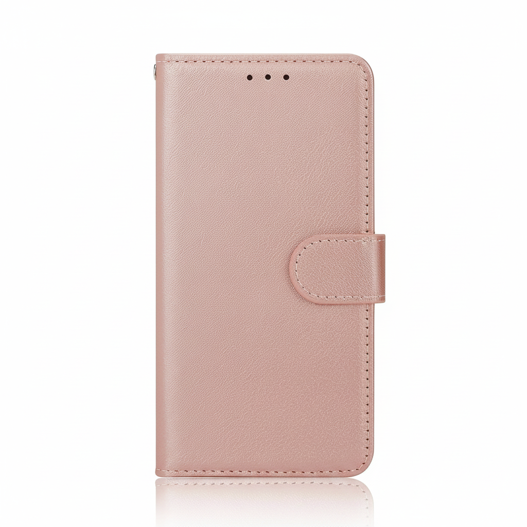 Apple iPhone - Genuine Leather flip case in rose gold with a finely textured finish, stitched edges and a tab closure
