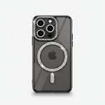 Apple iPhone - Glitter Case with a clear dark-tinted back, silver rhinestone camera trim and sparkling MagSafe ring