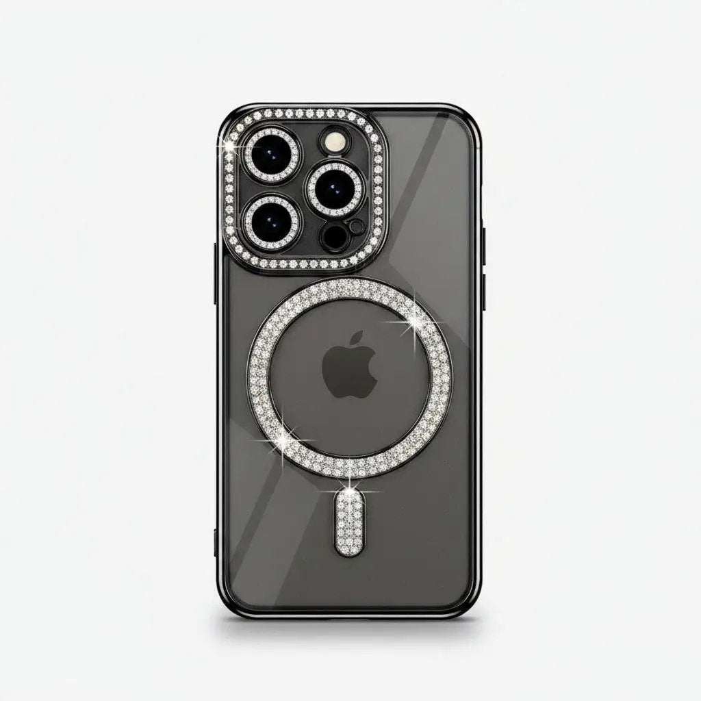 Apple iPhone - Glitter Case with a clear dark-tinted back, silver rhinestone camera trim and sparkling MagSafe ring