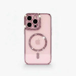 Apple iPhone - Glitter Case with a clear pale pink back, rose glitter camera trim, and sparkling MagSafe ring
