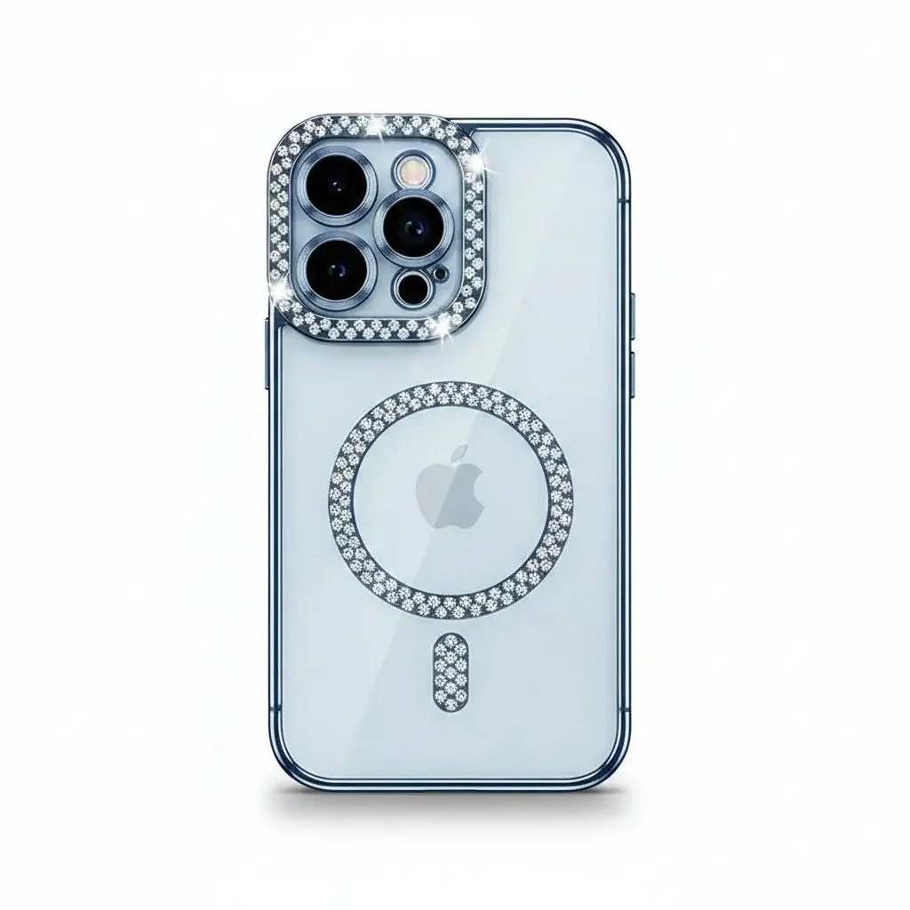 Apple iPhone - Glitter Case with a clear back, silver crystal accents around the camera, MagSafe ring and alignment mark