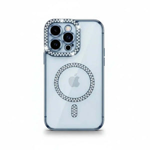 Apple iPhone - Glitter Case with a clear back, silver crystal accents around the camera, MagSafe ring and alignment mark
