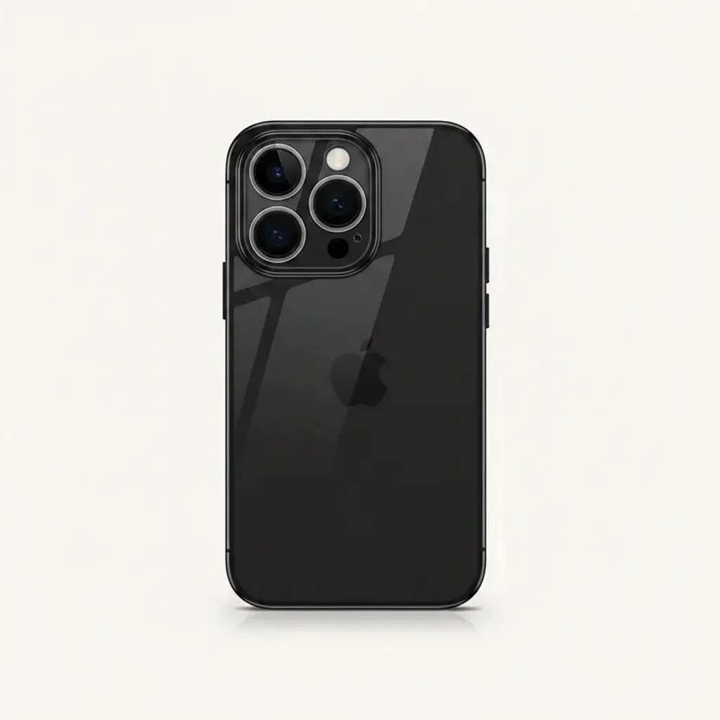 Apple iPhone in a glossy black case with a slim profile and raised camera cutout around three lenses