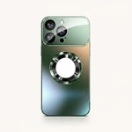 Apple iPhone case with a glossy green and blue gradient finish, raised camera surround, and metallic magnetic ring