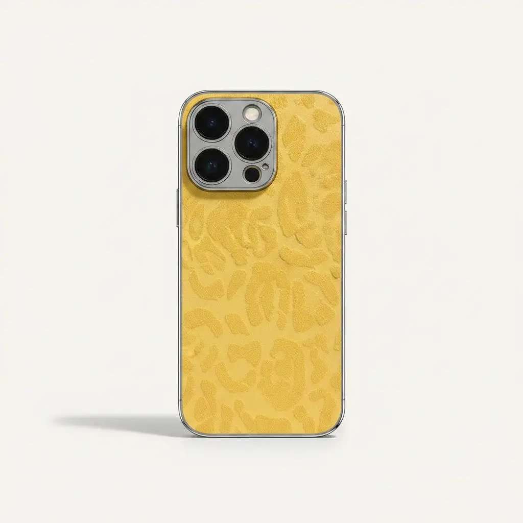 Apple iPhone with a golden-yellow textured leopard-print case and a raised protective rim around the rear cameras