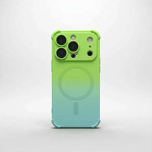 Apple iPhone silicone case in a lime green to aqua blue gradient, with raised camera protection and a magnetic ring