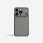 Apple iPhone in a translucent gray frosted matte case with a slim profile and raised camera frame
