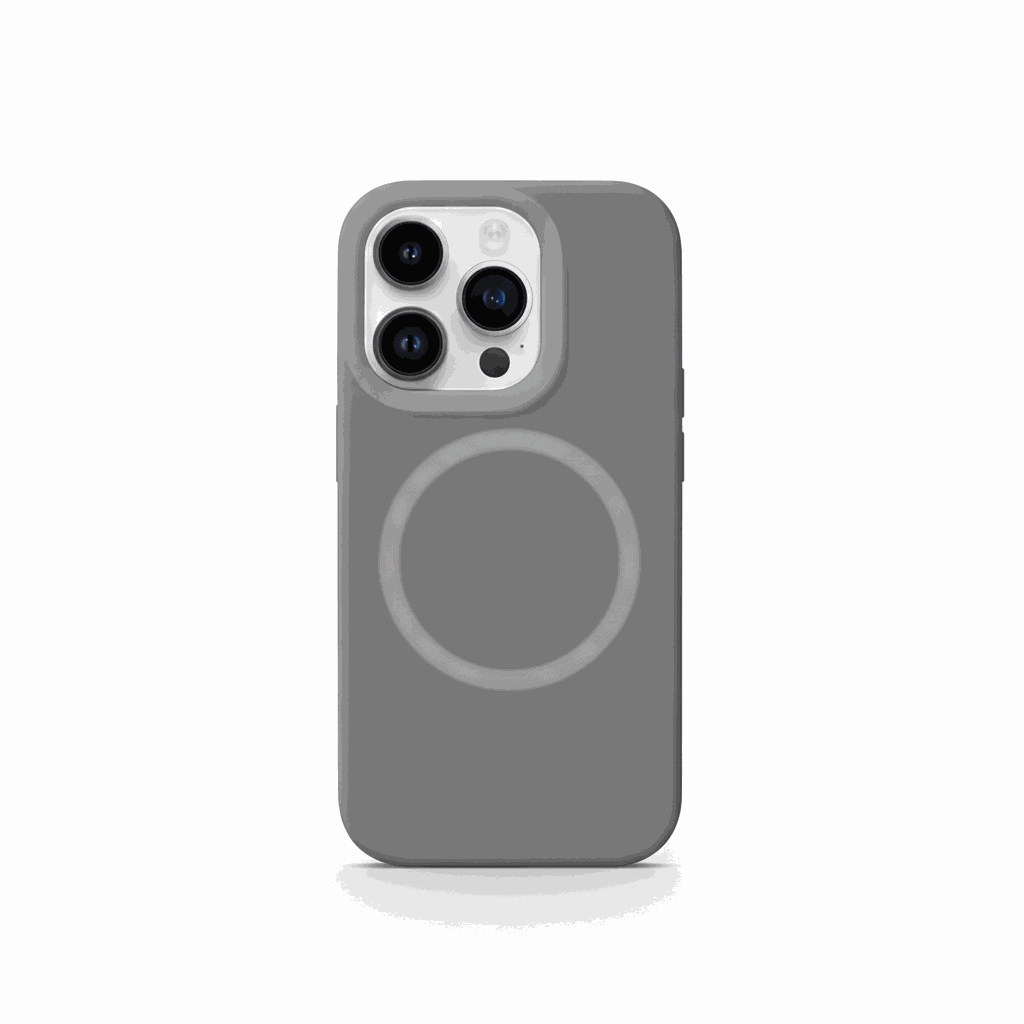 Apple iPhone case in matte gray with a soft-touch finish, raised camera cutout and circular MagSafe ring