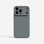 Apple iPhone silicone case in muted gray with a smooth finish and raised camera edge around multiple lens cutouts
