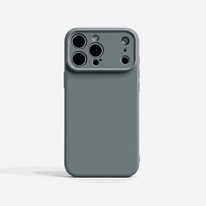 Apple iPhone silicone case in muted gray with a smooth finish and raised camera edge around multiple lens cutouts