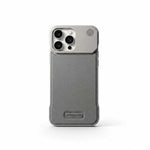 Apple iPhone case in gray textured material with a smooth upper panel, speaker holes, and a small rectangular stand