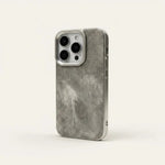 Apple iPhone case in gray woven-texture fabric with a raised bumper edge and precise camera and side-button cutouts