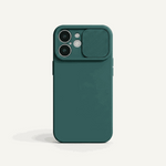 Apple iPhone case in dark teal soft-touch silicone with a textured sliding camera lens protector and raised edges