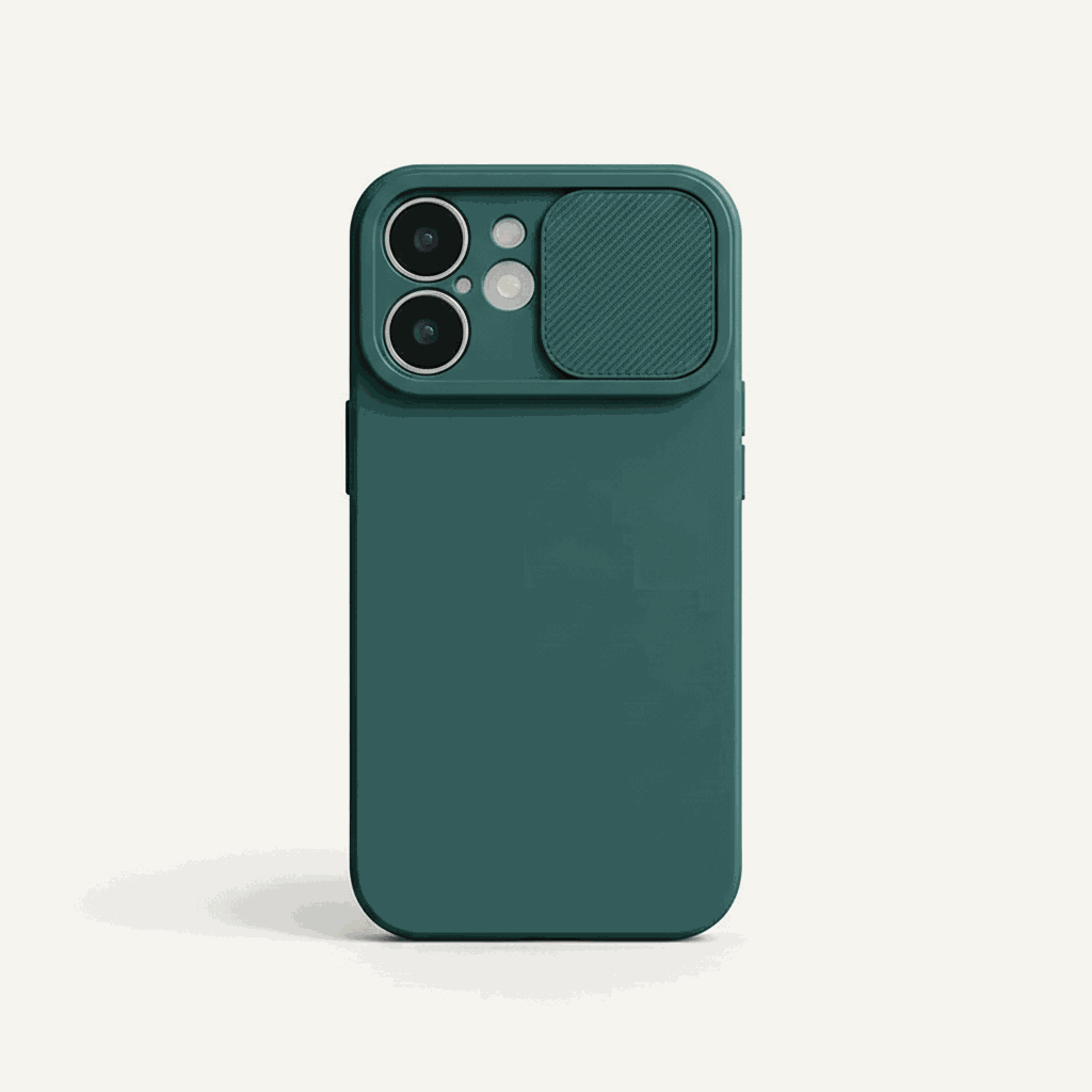 Apple iPhone case in dark teal soft-touch silicone with a textured sliding camera lens protector and raised edges