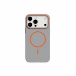 Apple iPhone case in soft matte grey with bright orange MagSafe ring and camera surround, plus a matching alignment mark