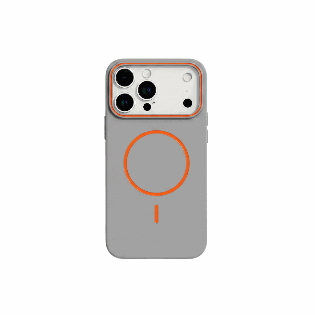 Apple iPhone case in soft matte grey with bright orange MagSafe ring and camera surround, plus a matching alignment mark