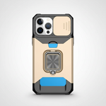 Apple iPhone - Heavy Duty Case in beige and black with blue accents, textured shell and a built-in metal ring stand
