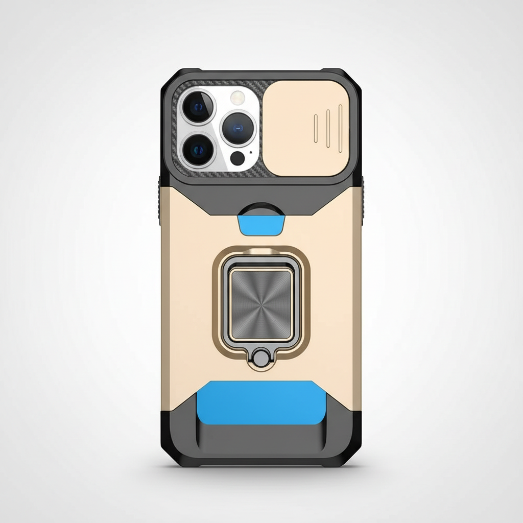 Apple iPhone - Heavy Duty Case in beige and black with blue accents, textured shell and a built-in metal ring stand