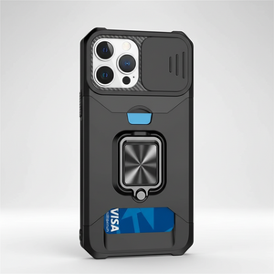 Apple iPhone - Heavy Duty Case in a black textured shell, featuring a metal pull-out kickstand and camera cover.