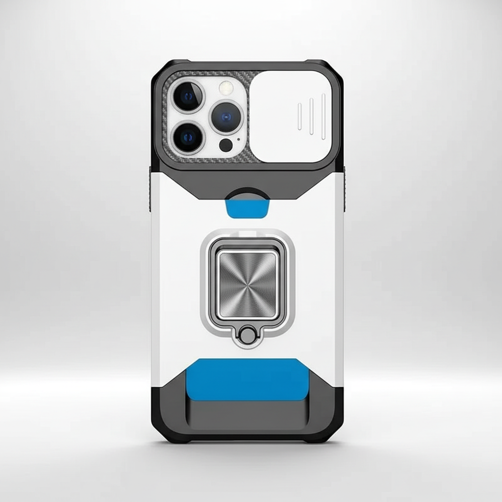 Apple iPhone - Heavy Duty Case in clear white with black reinforced corners, blue accents, and a metal ring stand