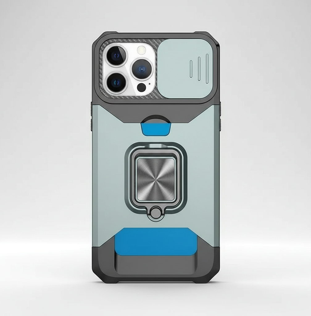 Apple iPhone - Heavy Duty Case in pale mint and charcoal with blue accents, rugged shell and metal ring stand