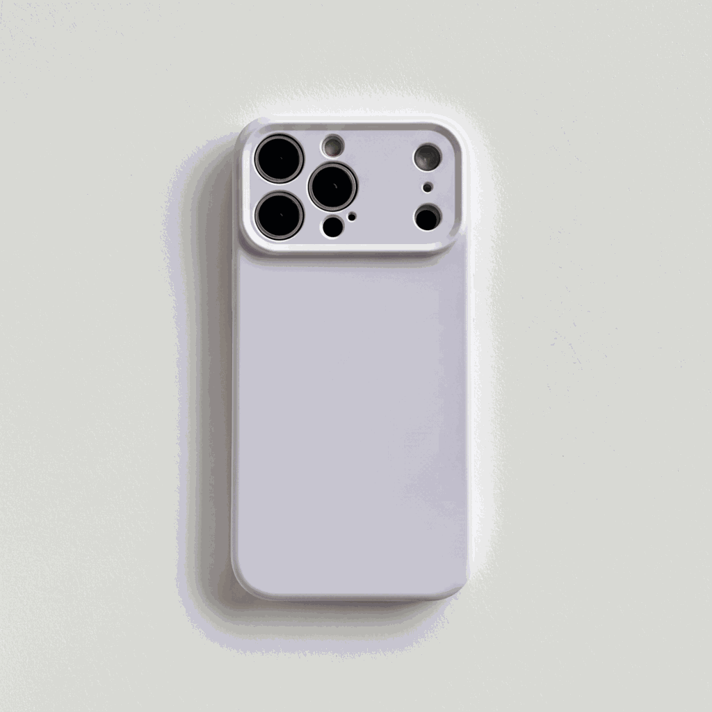 Apple iPhone case in pale lavender with a smooth matte finish and a raised camera surround with multiple cutouts.