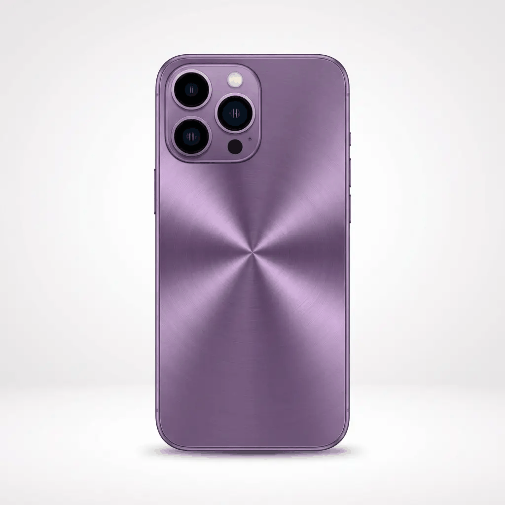 Apple iPhone case in metallic lavender purple with a smooth radial starburst finish and raised camera lens surrounds