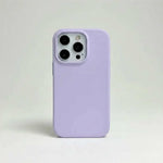 Apple iPhone case in pale lavender silicone with a smooth finish and raised camera cutout around three lenses