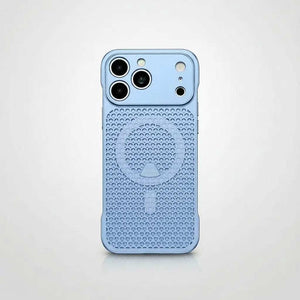 Apple iPhone cooling case in light blue matte material with a raised honeycomb texture and protective camera rim