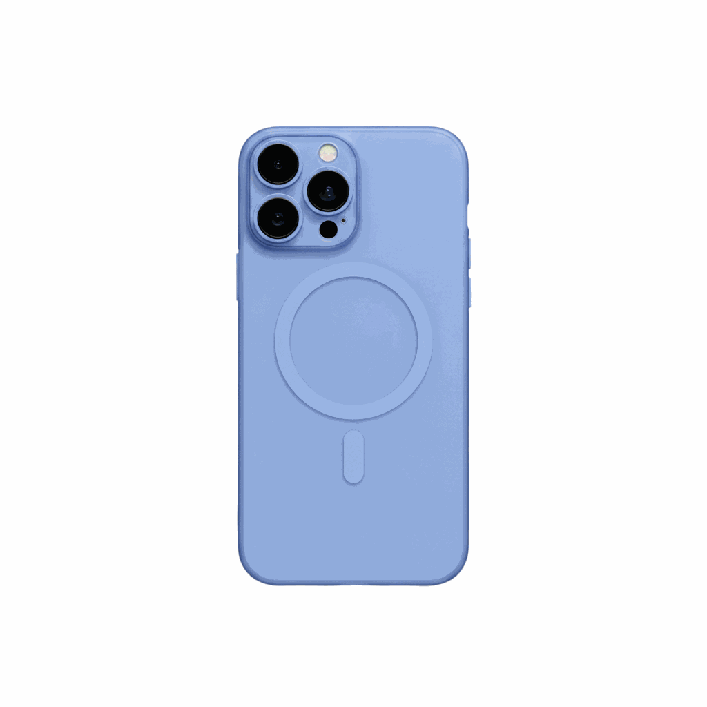 Apple iPhone case in light blue matte finish, with a raised MagSafe ring and precise camera cutouts