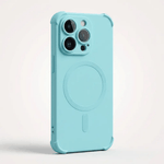 Apple iPhone case in light blue matte material with a raised camera bumper and visible MagSafe ring