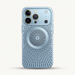 Apple iPhone case in light blue with a textured finish, radiating ventilation slots, and a circular magnetic grid design