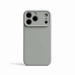 Apple iPhone silicone case in light gray with a smooth matte finish and raised camera edge around multiple lenses